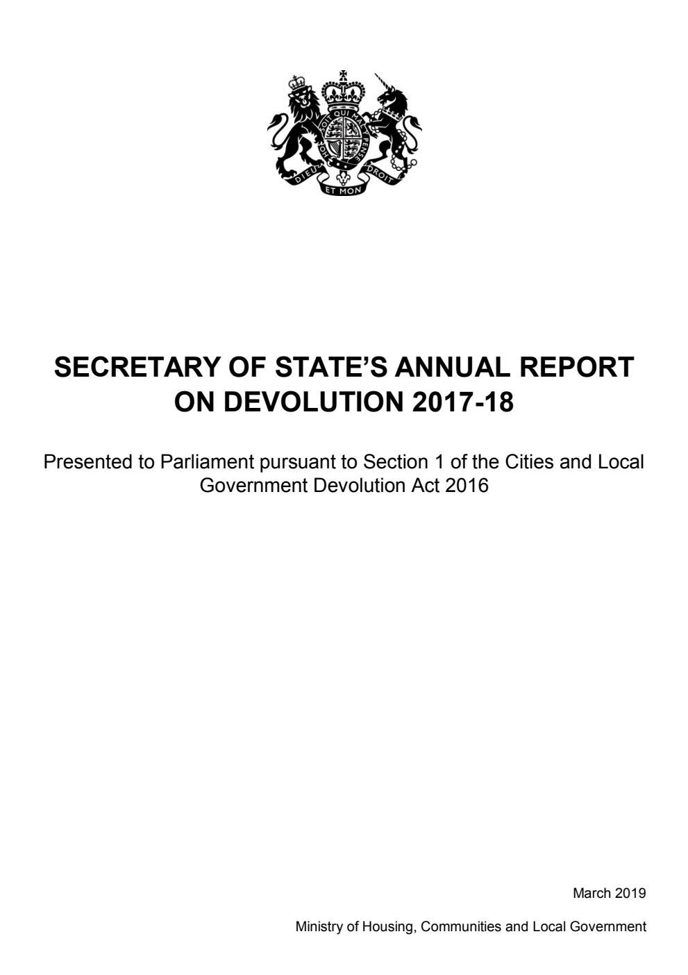 Secretary of State’s Annual Report on Devolution 2017-18