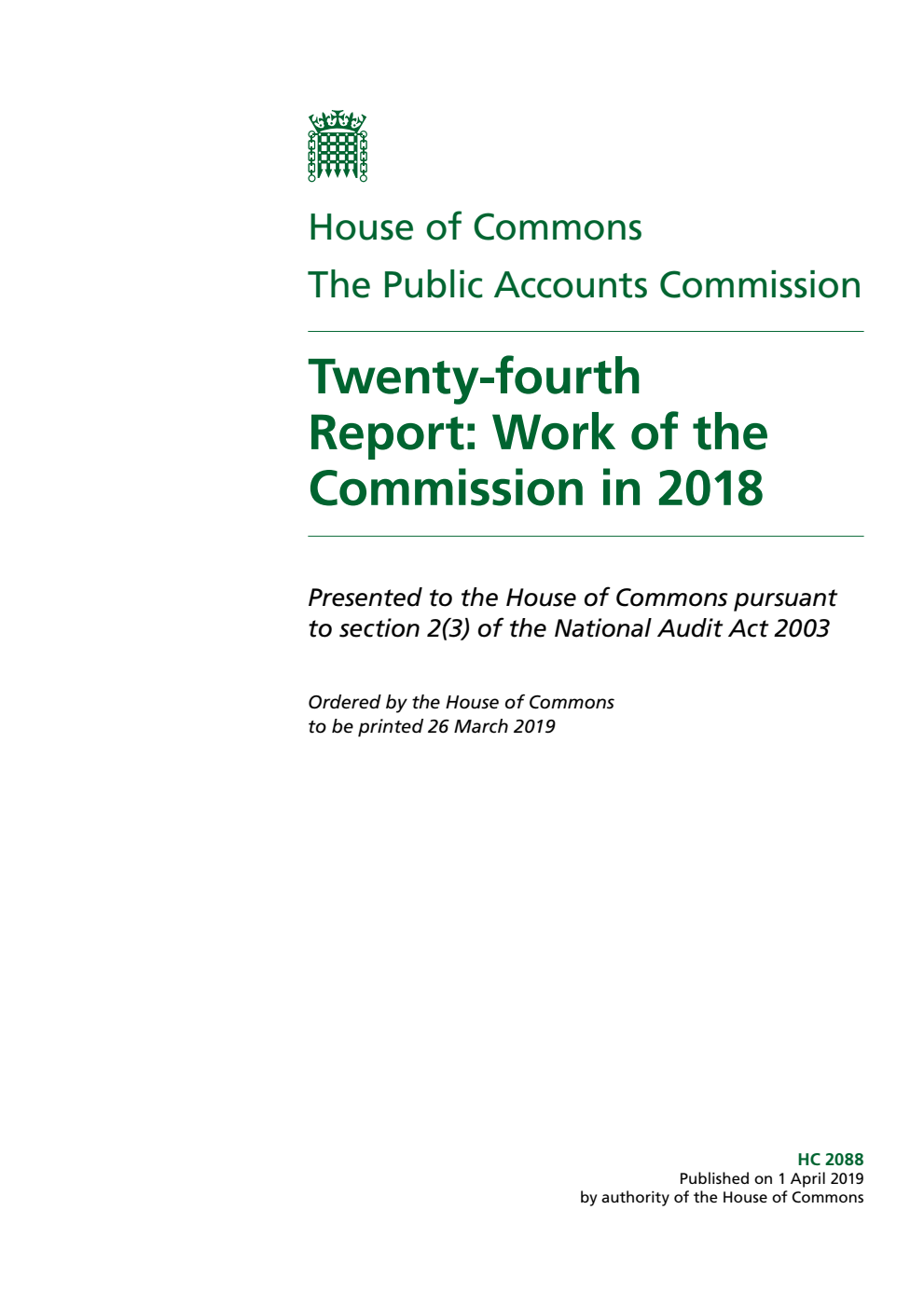 The Public Accounts Commission. 24th Report: Work of the Commission in 2018