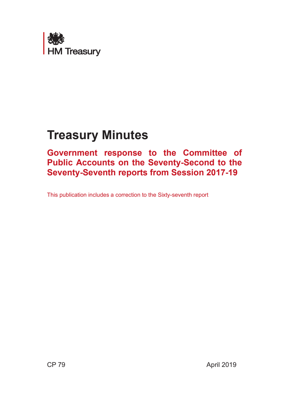 Treasury Minutes Government response to the Committee of Public Accounts on the Seventy-Second to the Seventy-Seventh reports from Session 2017-19