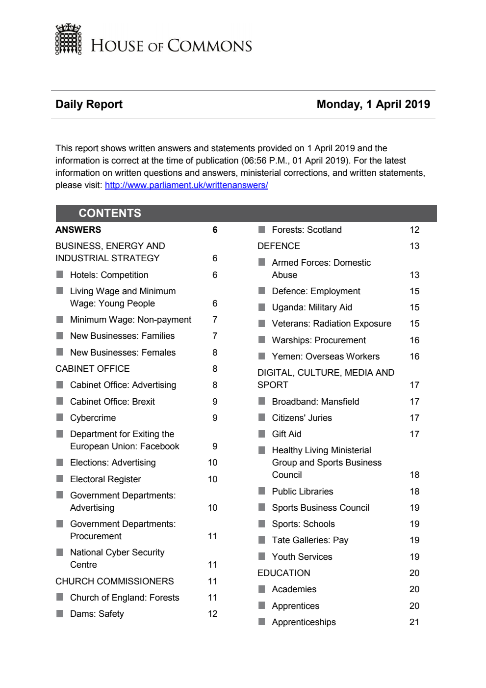 HOC Daily Report Written Answers 01.04.19