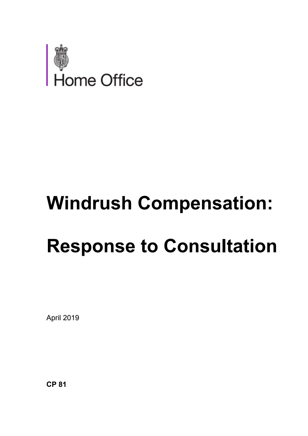 Windrush Compensation: Response to Consultation, April 2019