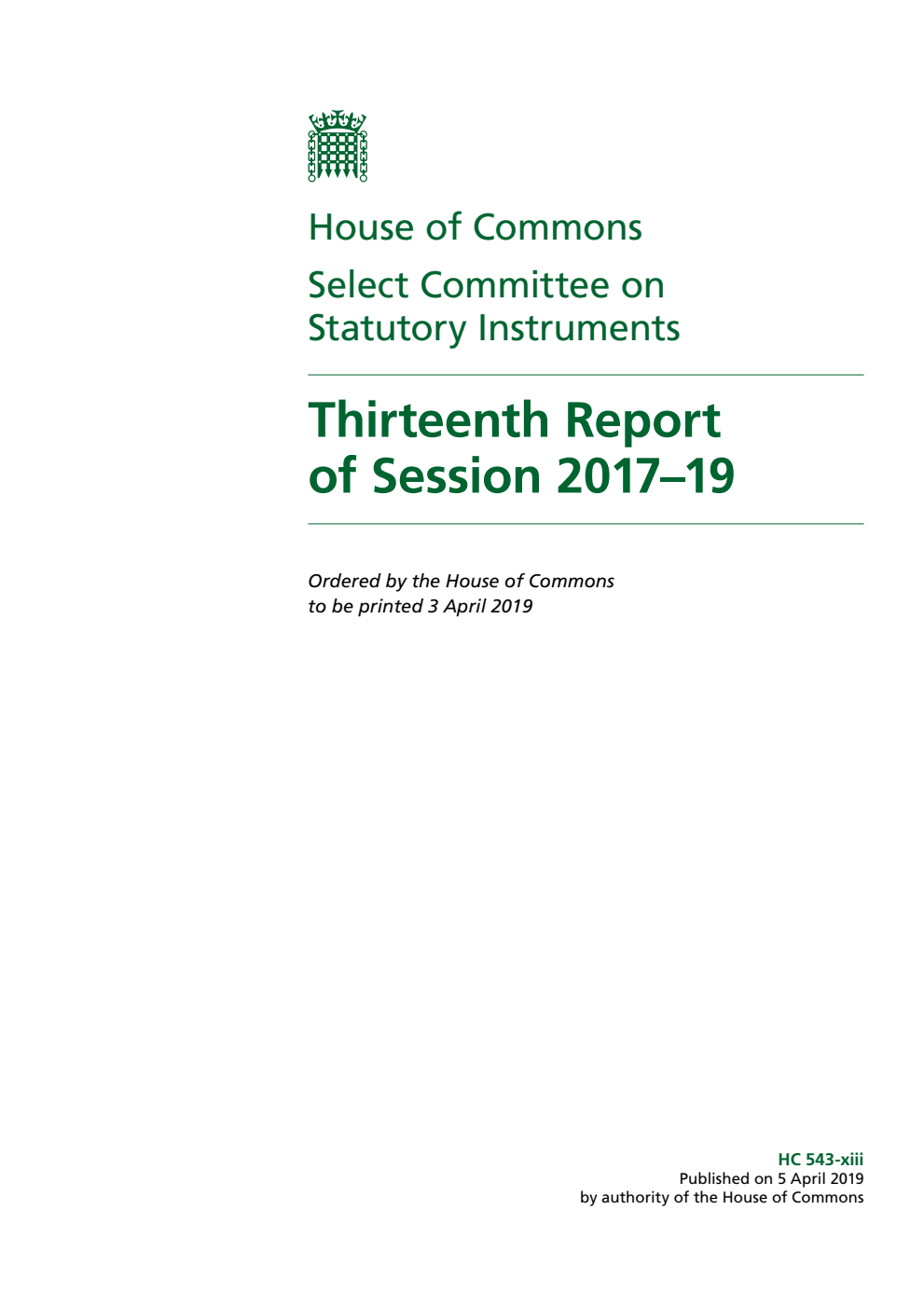 Statutory Instruments Committee 13th Report of Session 2017–19