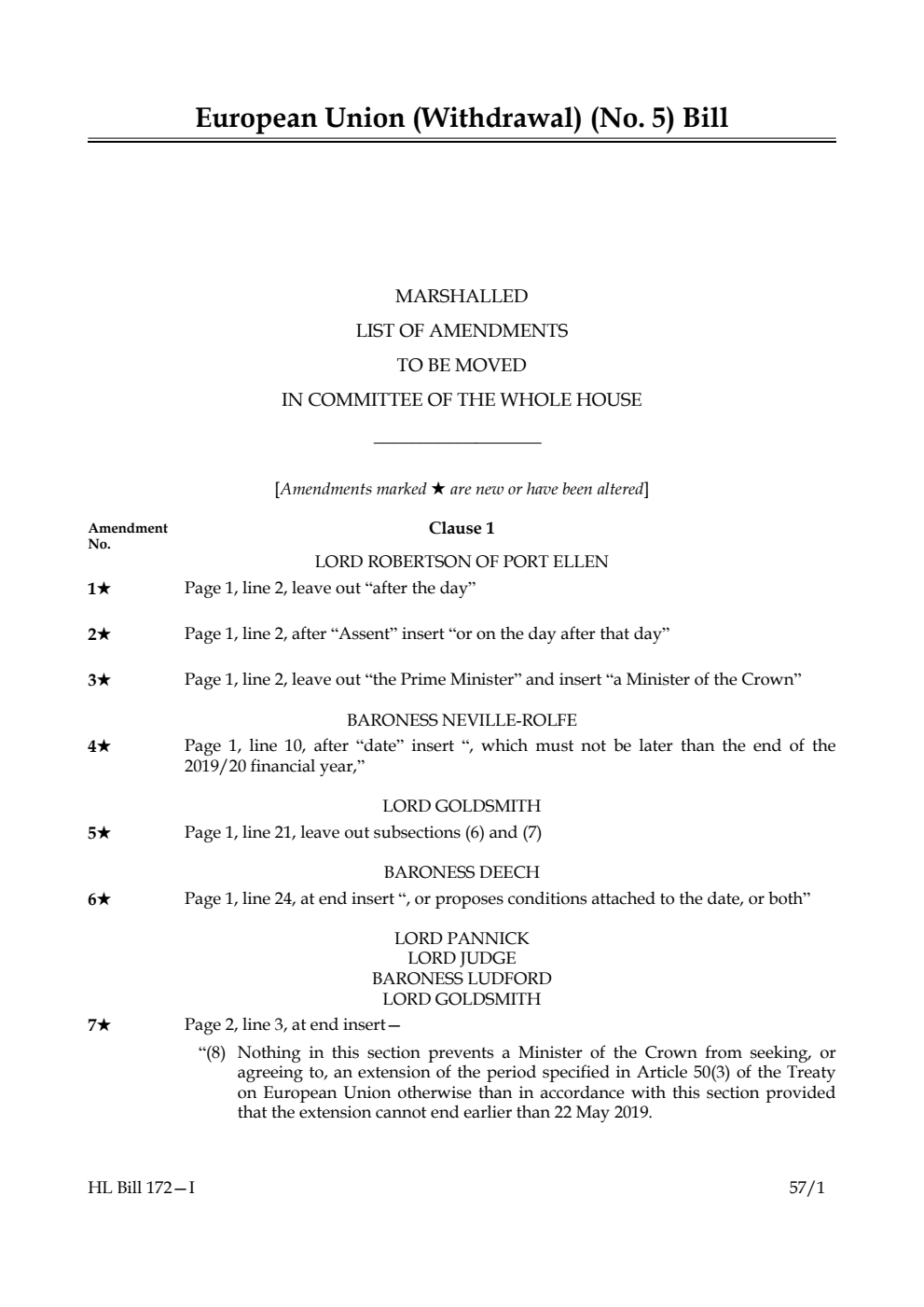 European Union (Withdrawal) (No. 5) Bill Marshalled List of Amendments to be moved in Committee of the Whole House