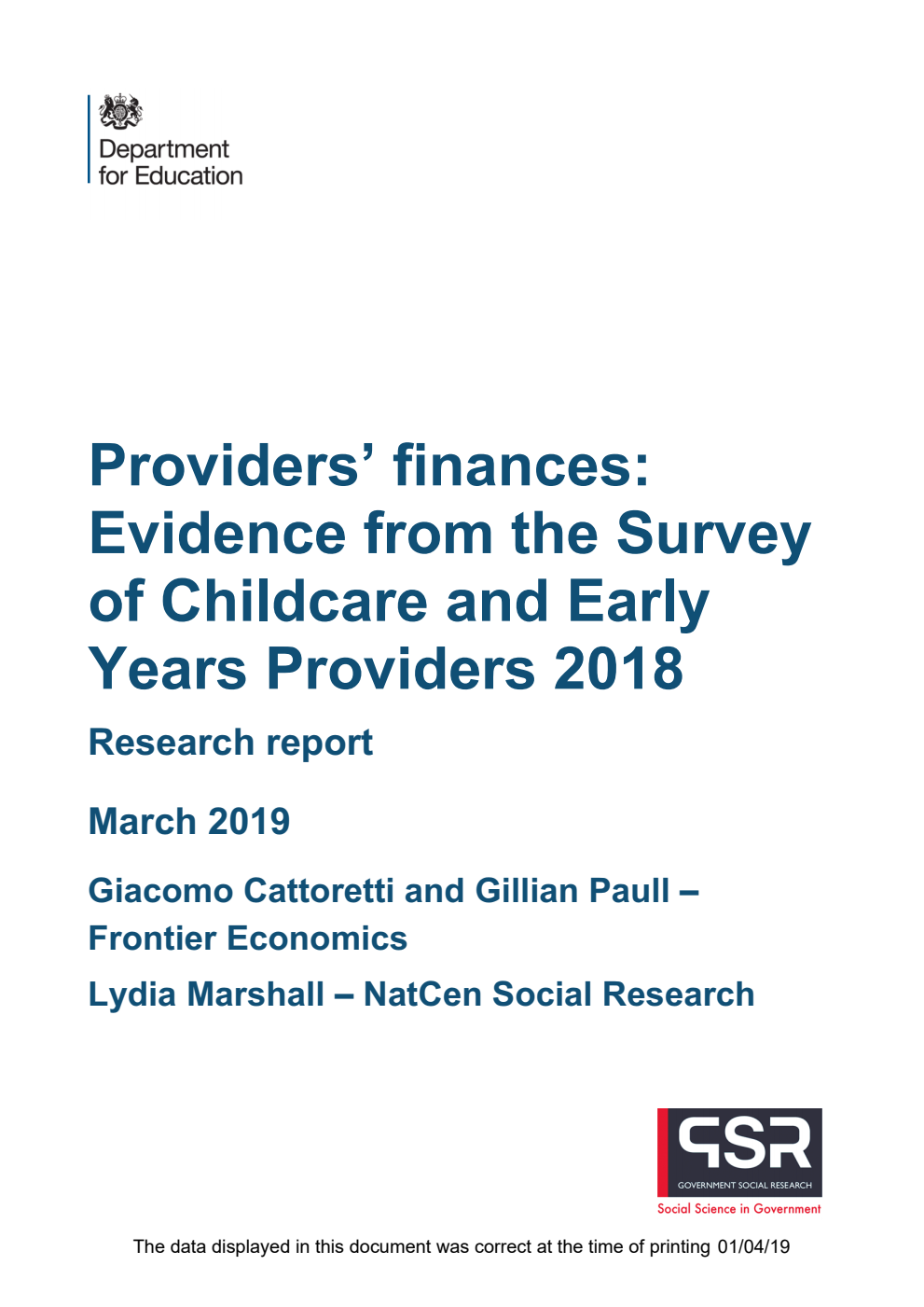DFE-RR896 Providers’ finances: Evidence from the Survey of Childcare and Early Years Providers 2018