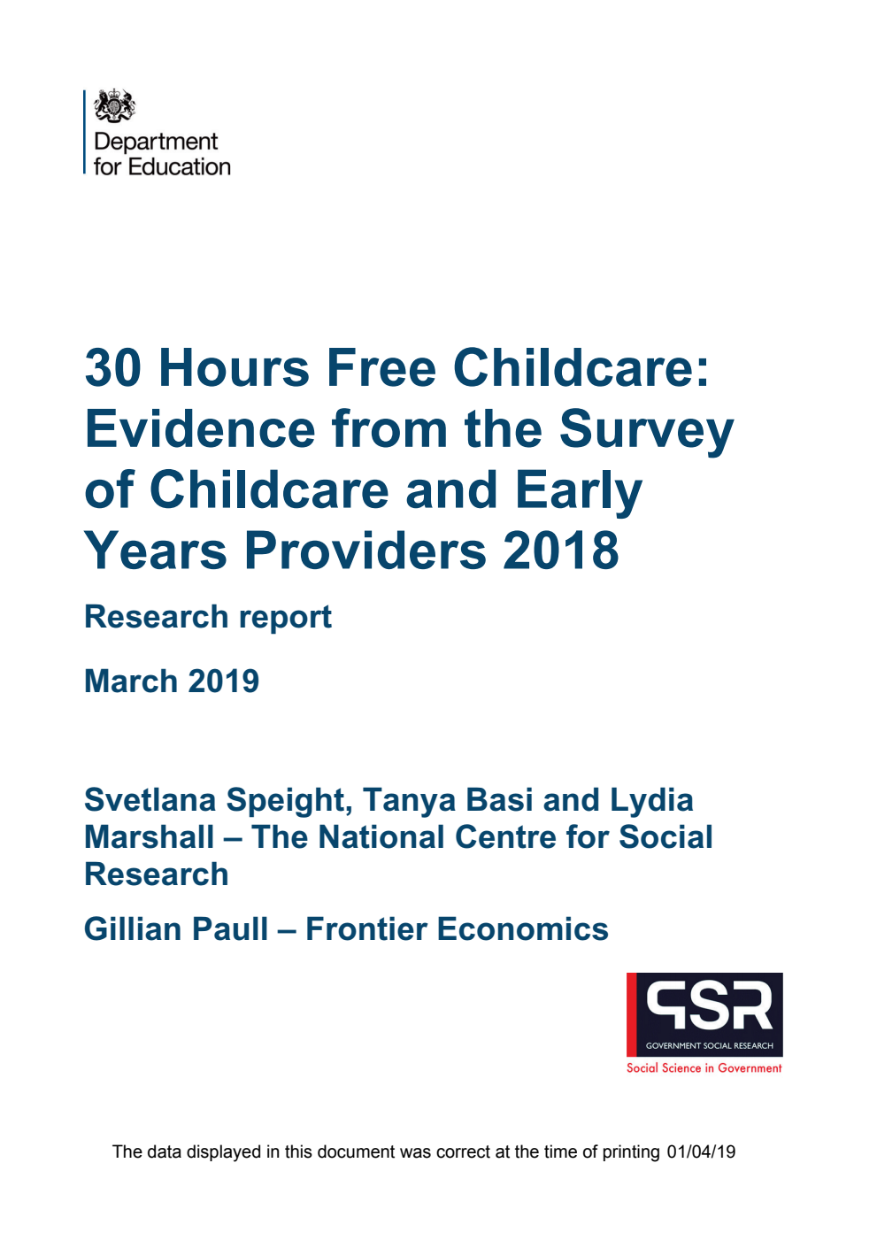 DFE-RR897 30 Hours Free Childcare: Evidence from the Survey of Childcare and Early Years Providers 2018