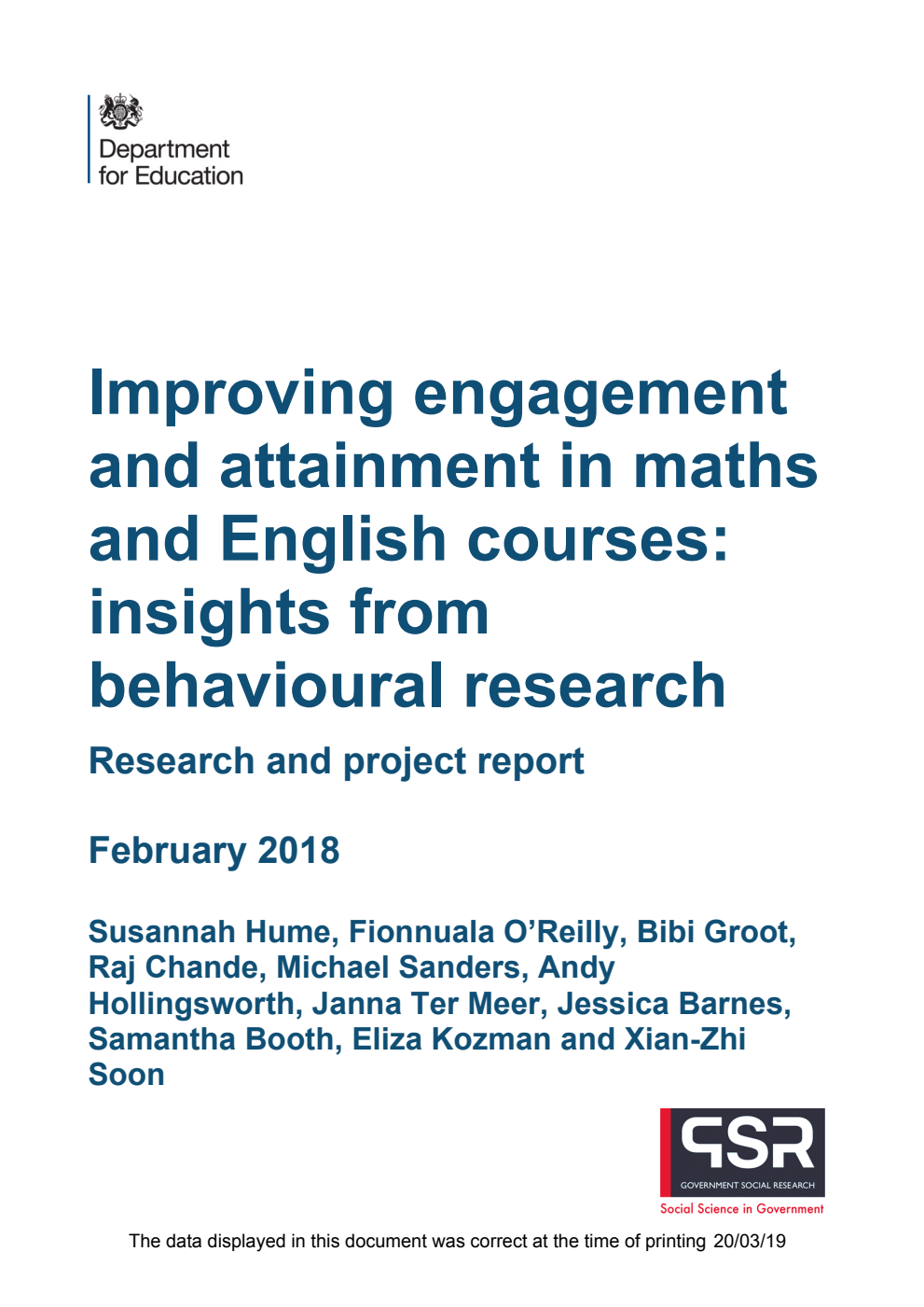 DFE-RR756 Improving engagement and attainment in maths and English courses: insights from behavioural research