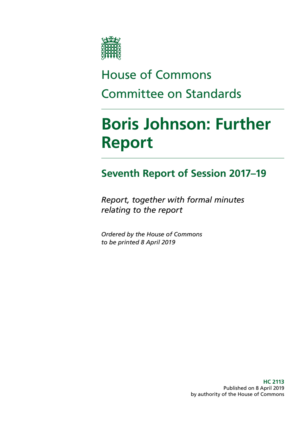 Standards Committee 7th Report. Boris Johnson: Further Report