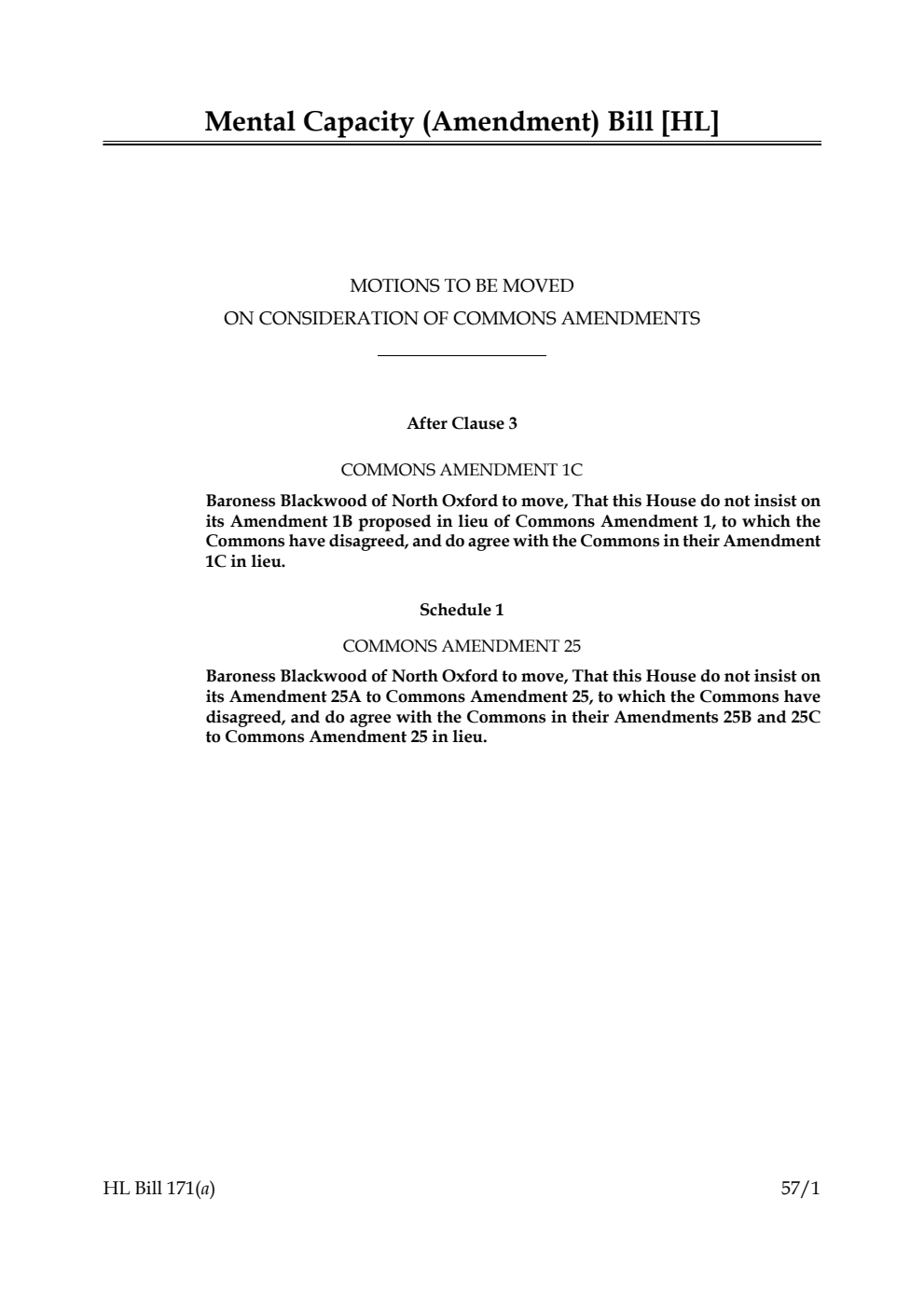 Mental Capacity (Amendment) Bill Motions to be moved on consideration of Commons amendments