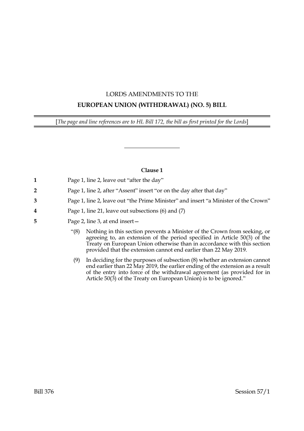 Lords Amendments to the European Union (Withdrawal) (No. 5) Bill