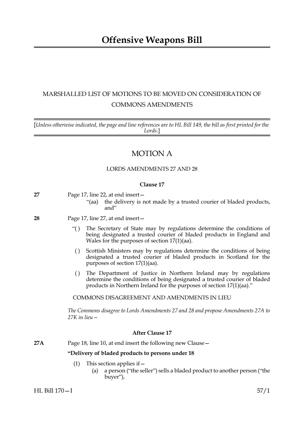 Offensive Weapons Bill Marshalled List of motions to be moved on consideration of Commons amendments