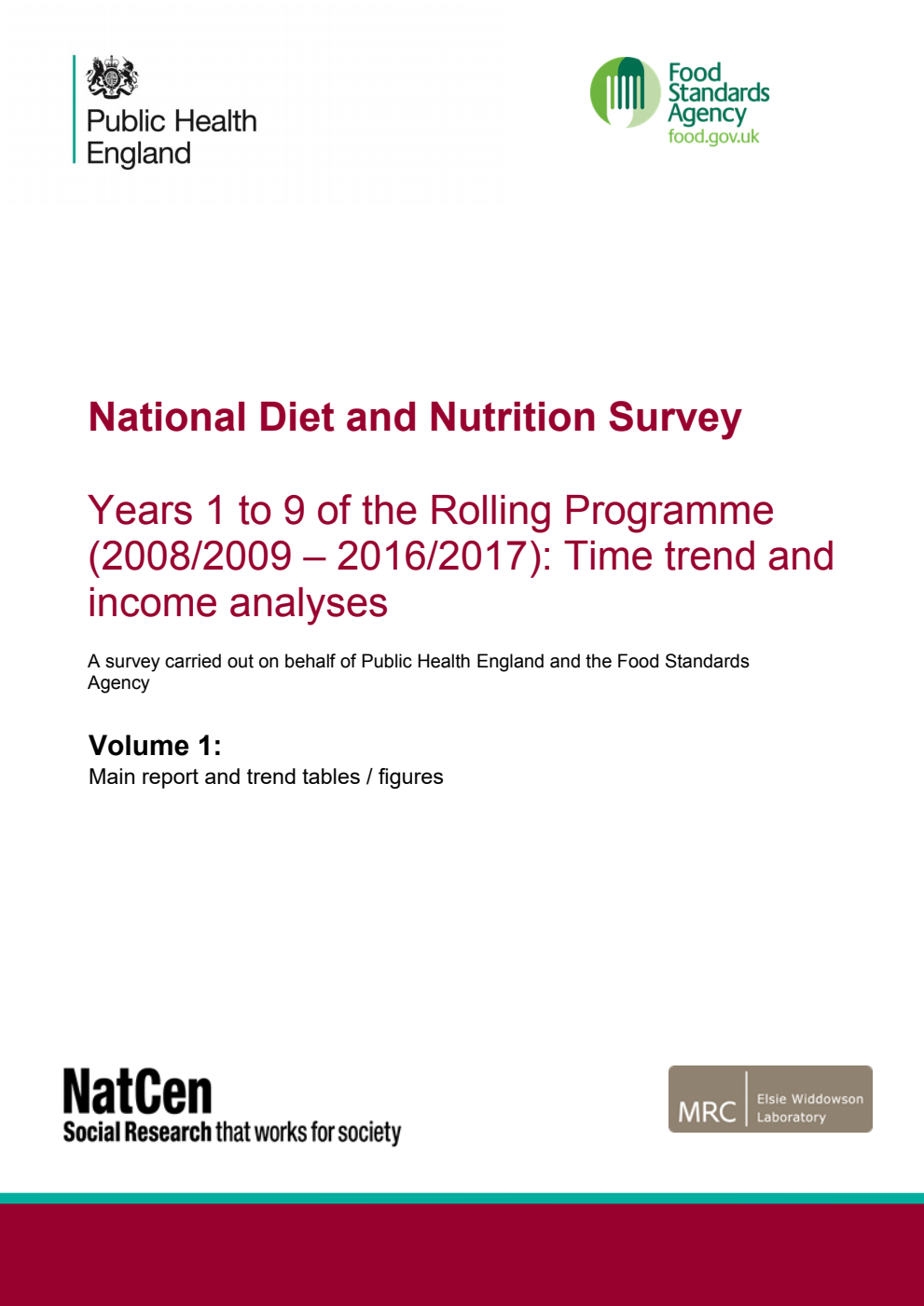 National Diet and Nutrition Survey. Years 1 to 9 of the Rolling Programme (2008/2009 - 2016/2017): Time trend and income analyses Volume 1: Main report and trend tables / figures (2 Volume set)