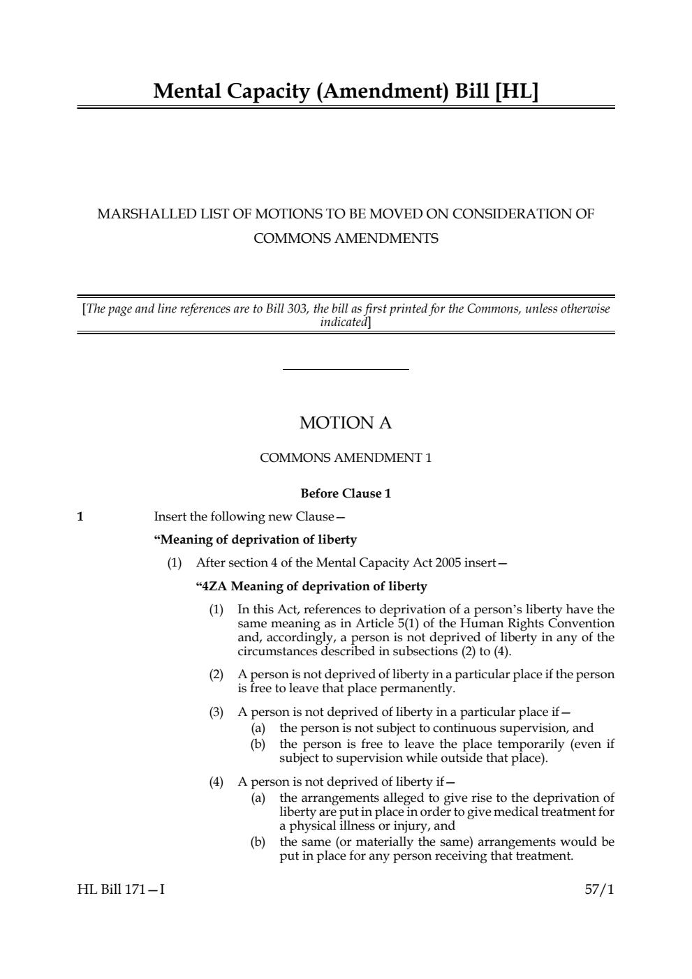 Mental Capacity (Amendment) Bill Marshalled List of motions to be moved on consideration of Commons amendments