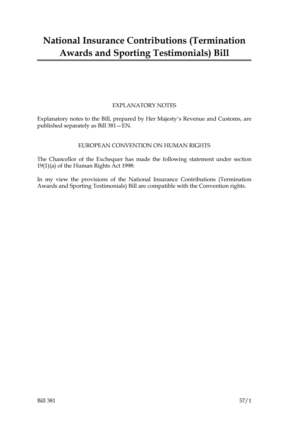 National Insurance Contributions (Termination Awards and Sporting Testimonials) Bill