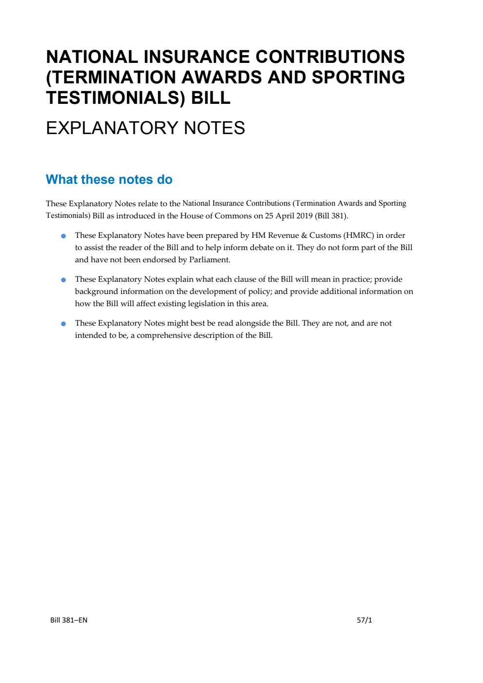 National Insurance Contributions (Termination Awards and Sporting Testimonials) Bill Explanatory Notes