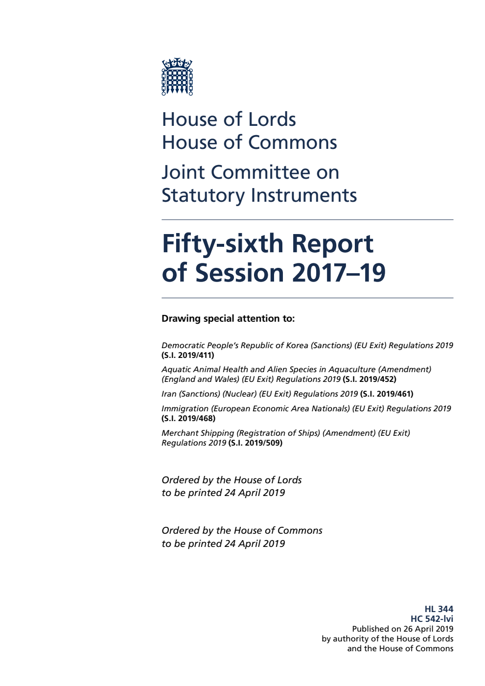 Joint Committee on Statutory Instruments 56th Report of Session 2017–19