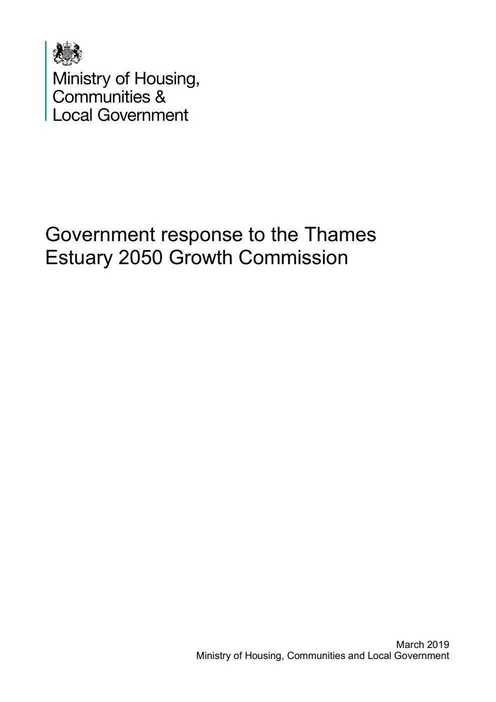Government response to the Thames. Estuary 2050 Growth Commission