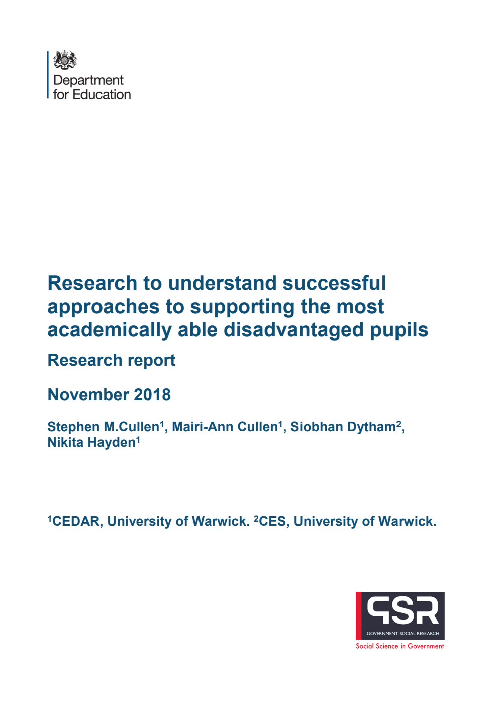 DFE-RR858 Research to understand successful approaches to supporting the most academically able disadvantaged pupils