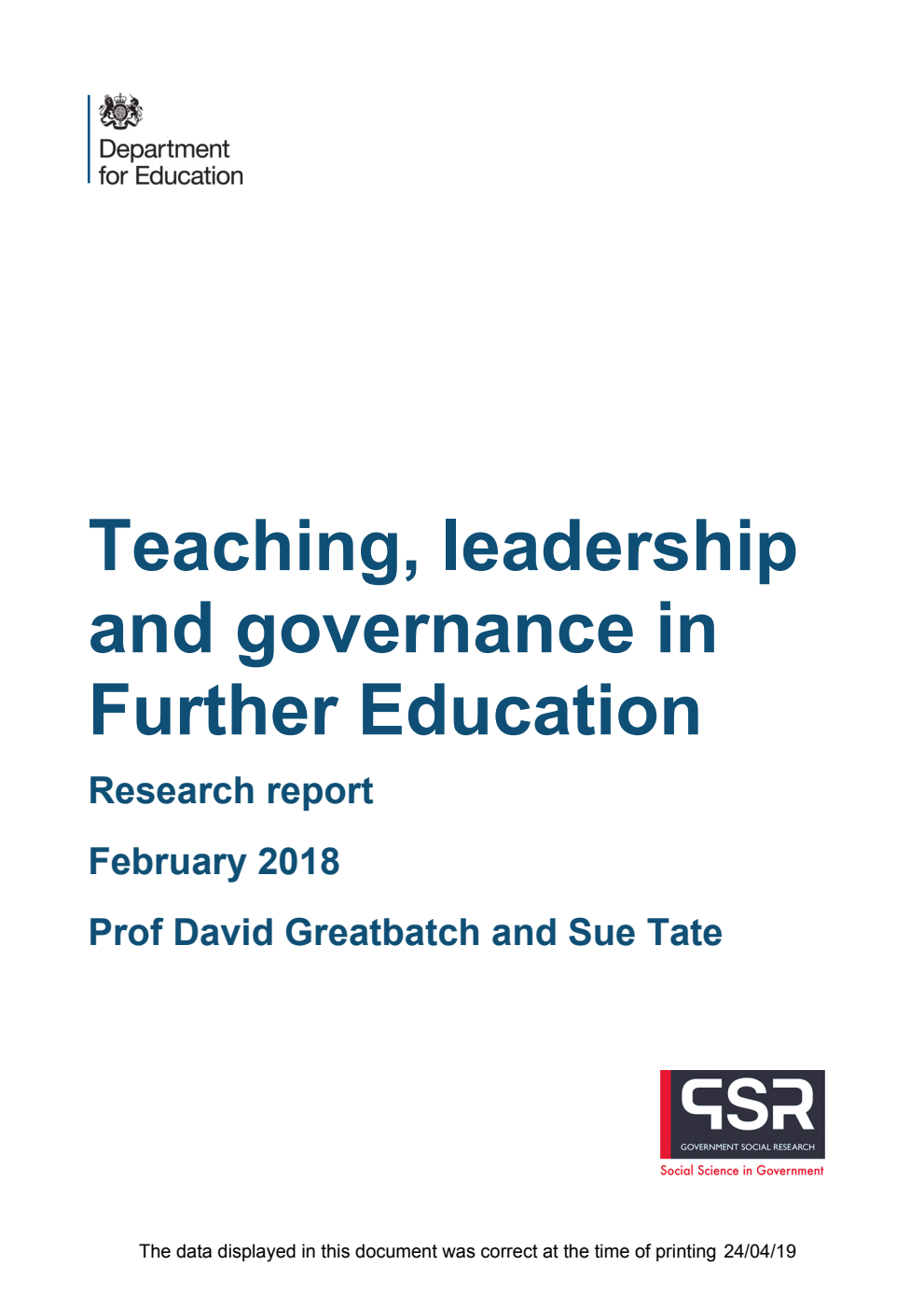 DFE-AP 2016/65 Teaching, leadership and governance in Further Education