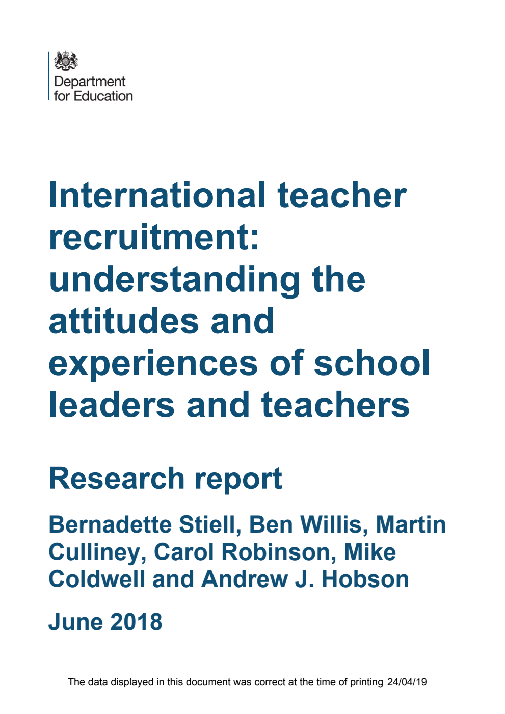 DFE-RR771 International teacher recruitment: understanding the attitudes and experiences of school leaders and teachers