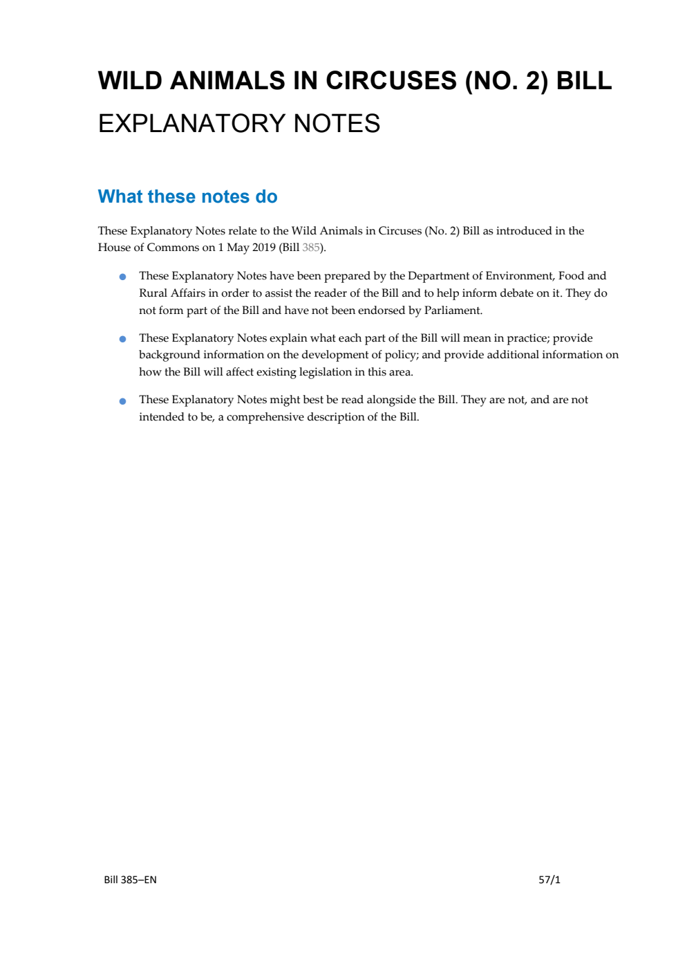 Wild Animals in Circuses (No. 2) Bill Explanatory Notes