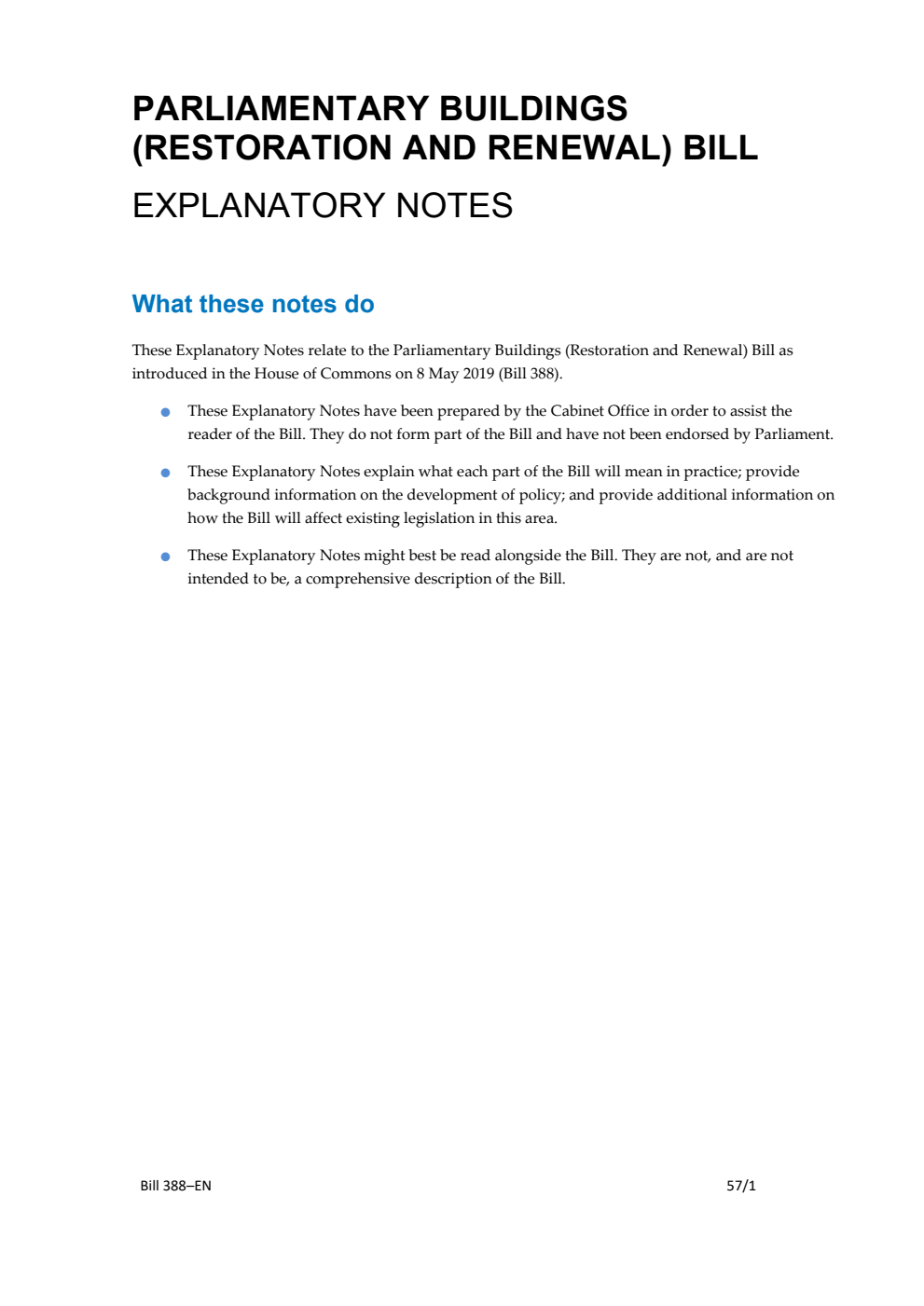 Parliamentary Buildings (Restoration and Renewal) Bill Explanatory Notes