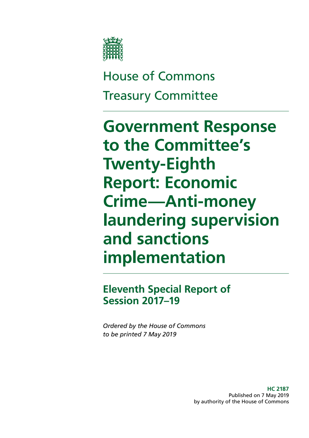 Treasury Committee 11th Special Report. Government Response to the Committee’s Twenty-Eighth Report: Economic Crime—Anti-money laundering supervision and sanctions implementation