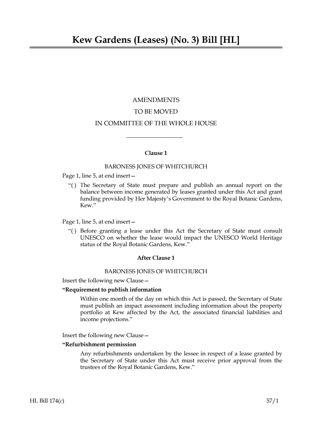 Kew Gardens (Leases) (No. 3) Bill Amendments to be moved in Committee of the Whole House