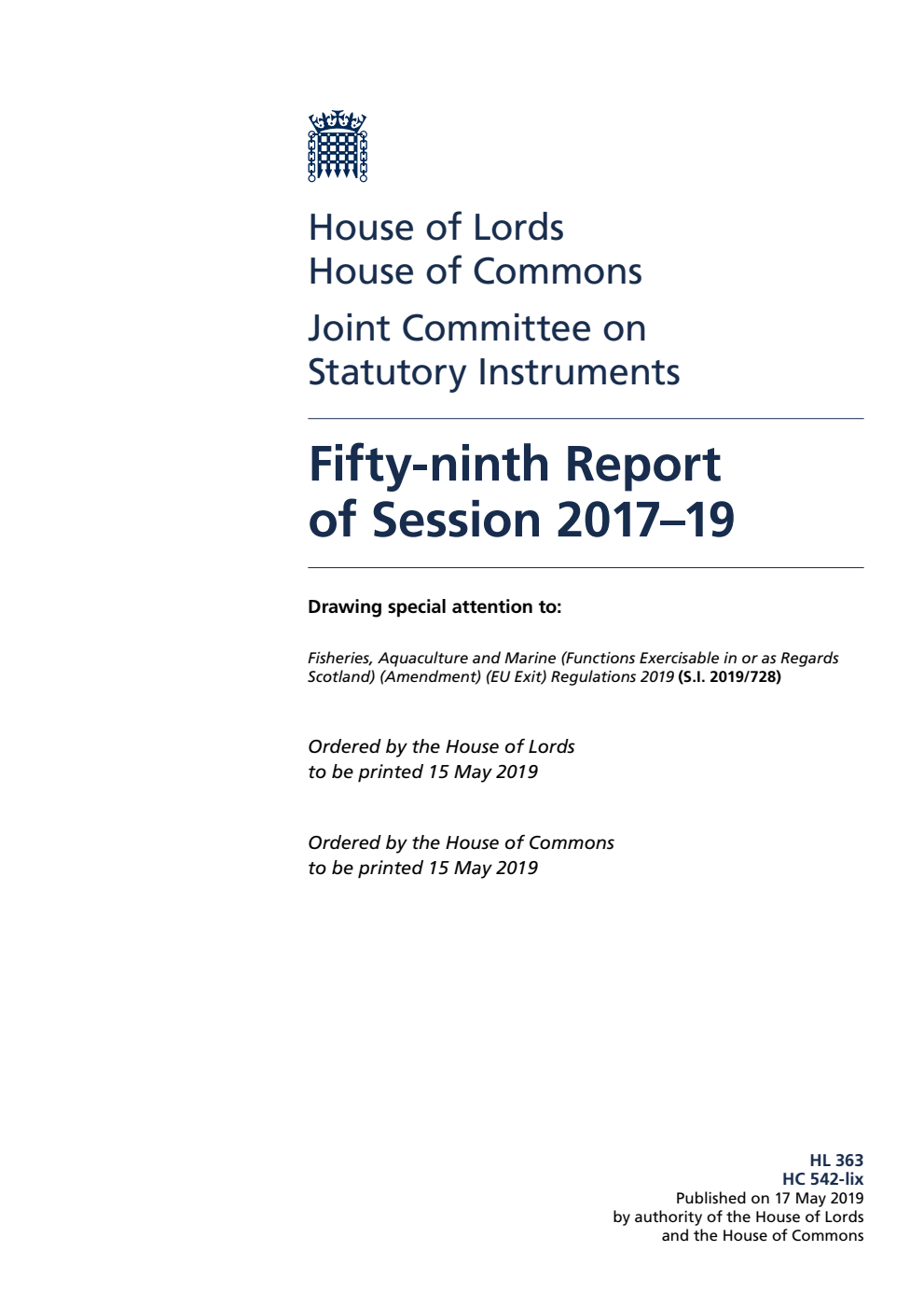 Joint Committee on Statutory Instruments 59th Report of Session 2017–19