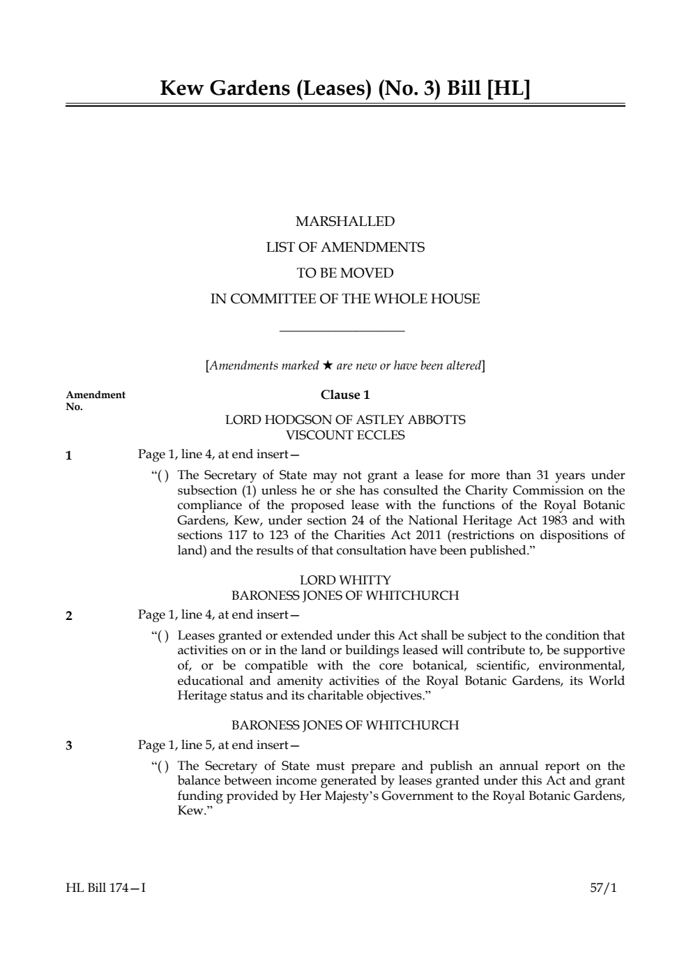 Kew Gardens (Leases) (No. 3) Bill Marshalled List of Amendments to be moved in Committee of the Whole House