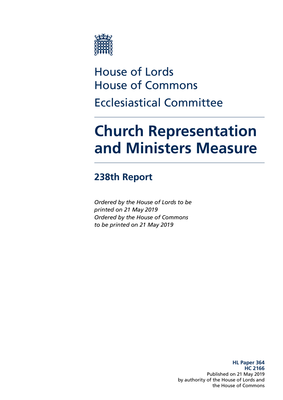 Ecclesiastical Committee 238th Report. Church Representation and Ministers Measure