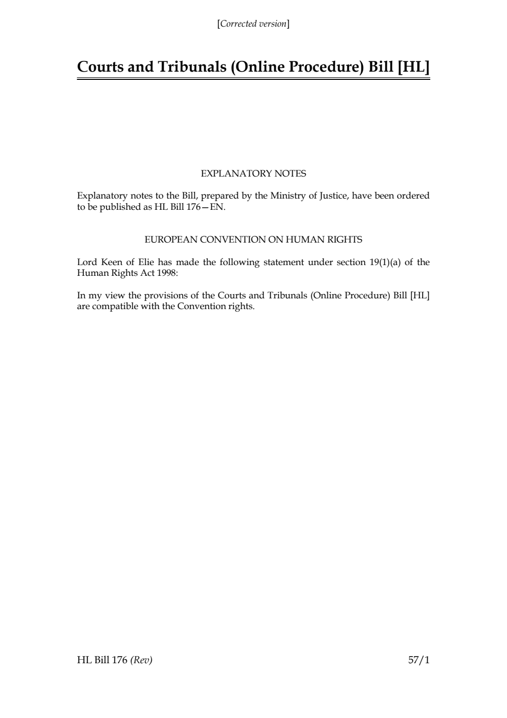 Courts and Tribunals (Online Procedure) Bill [Corrected version]