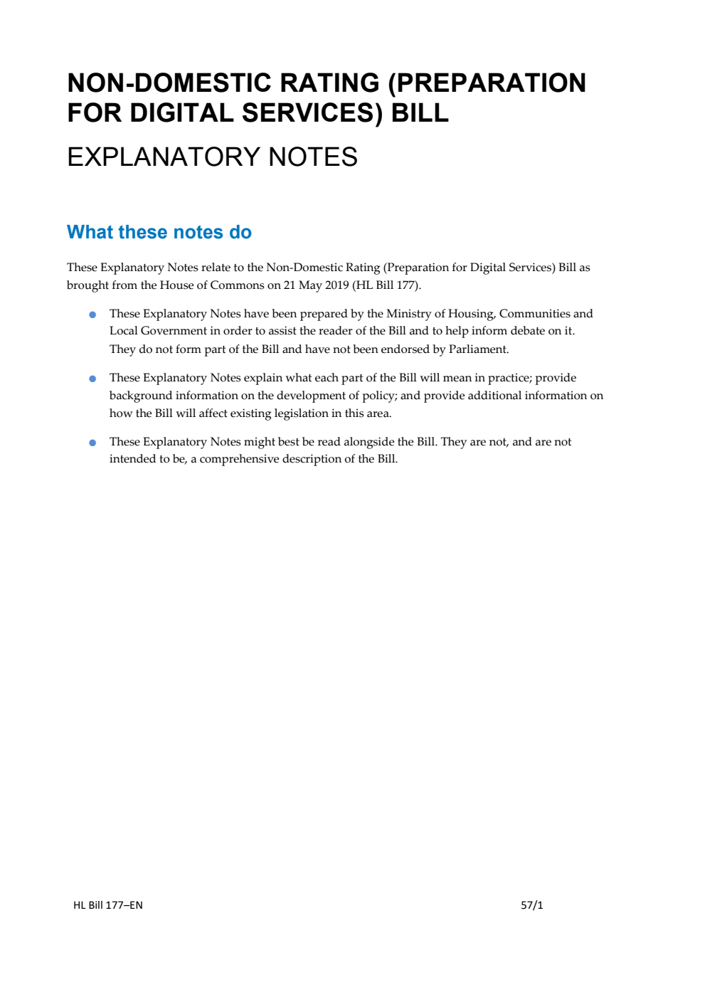 Non-Domestic Rating (Preparation for Digital Services) Bill Explanatory Notes