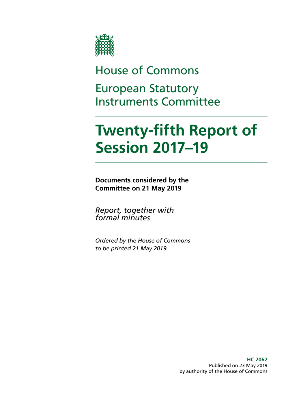 European Statutory Instruments Committee 25th Report of Session 2017-19