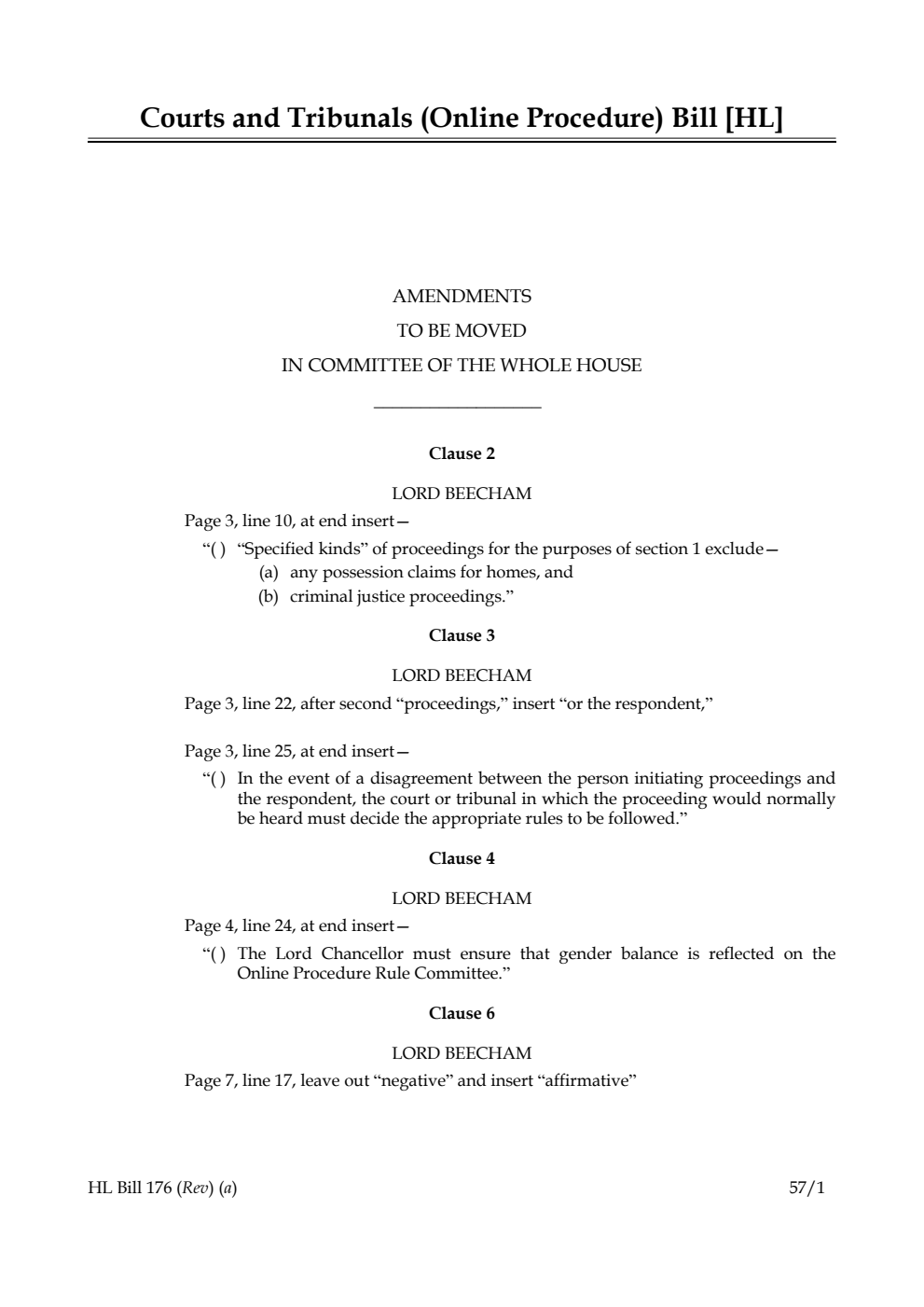 Courts and Tribunals (Online Procedure) Bill Amendments to be moved in Committee of the Whole House