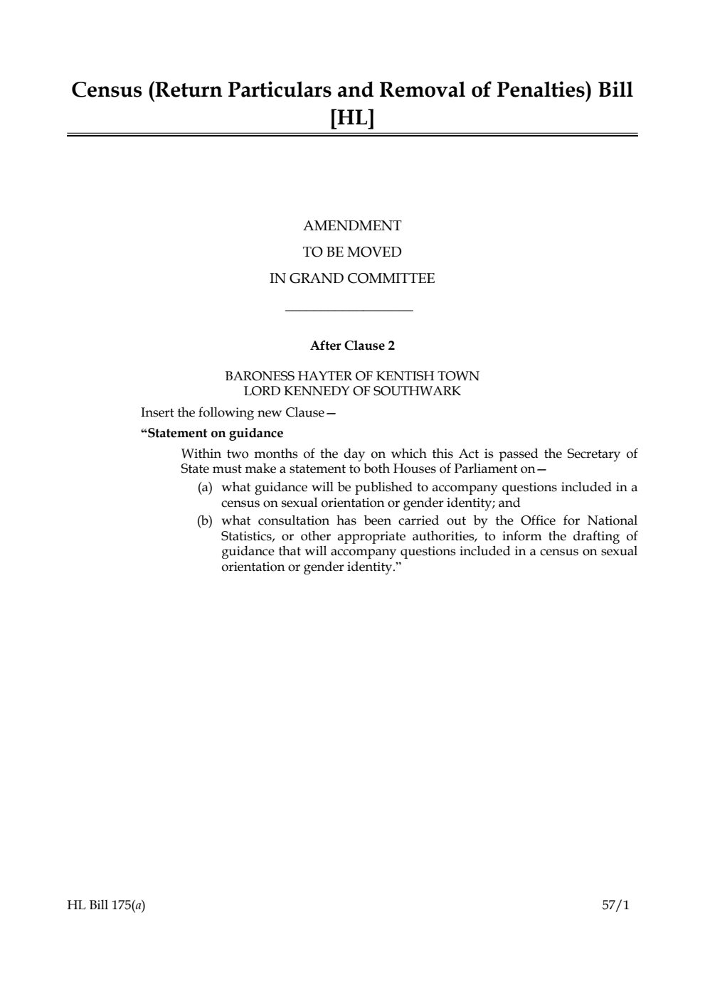 Census (Return Particulars and Removal of Penalties) Bill Amendment to be moved in Grand Committee