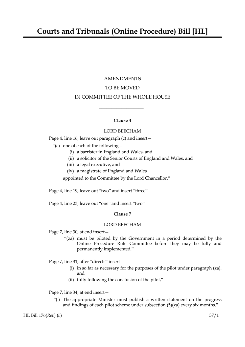 Courts and Tribunals (Online Procedure) Bill Amendments to be moved in Committee of the Whole House