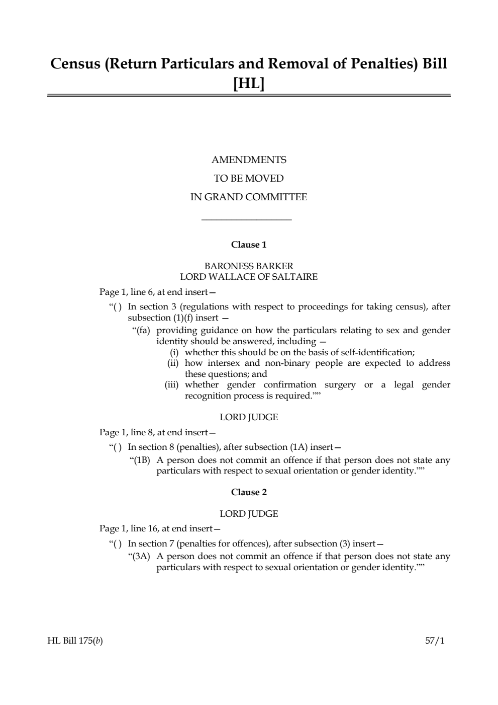 Census (Return Particulars and Removal of Penalties) Bill Amendments to be moved in Grand Committee
