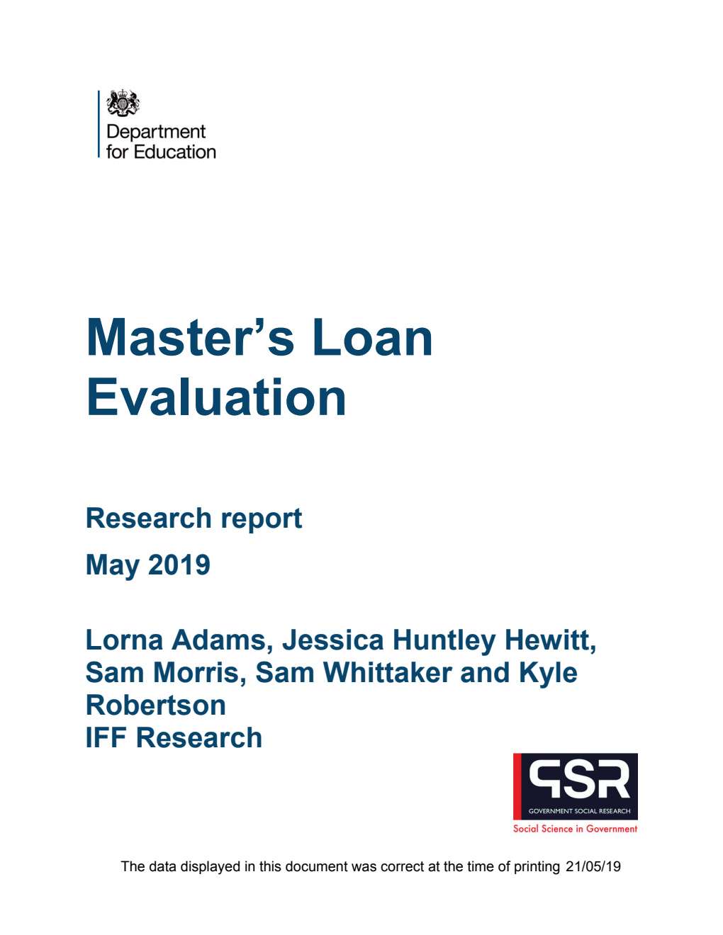 DFE-RR914 Master’s Loan Evaluation. Research report