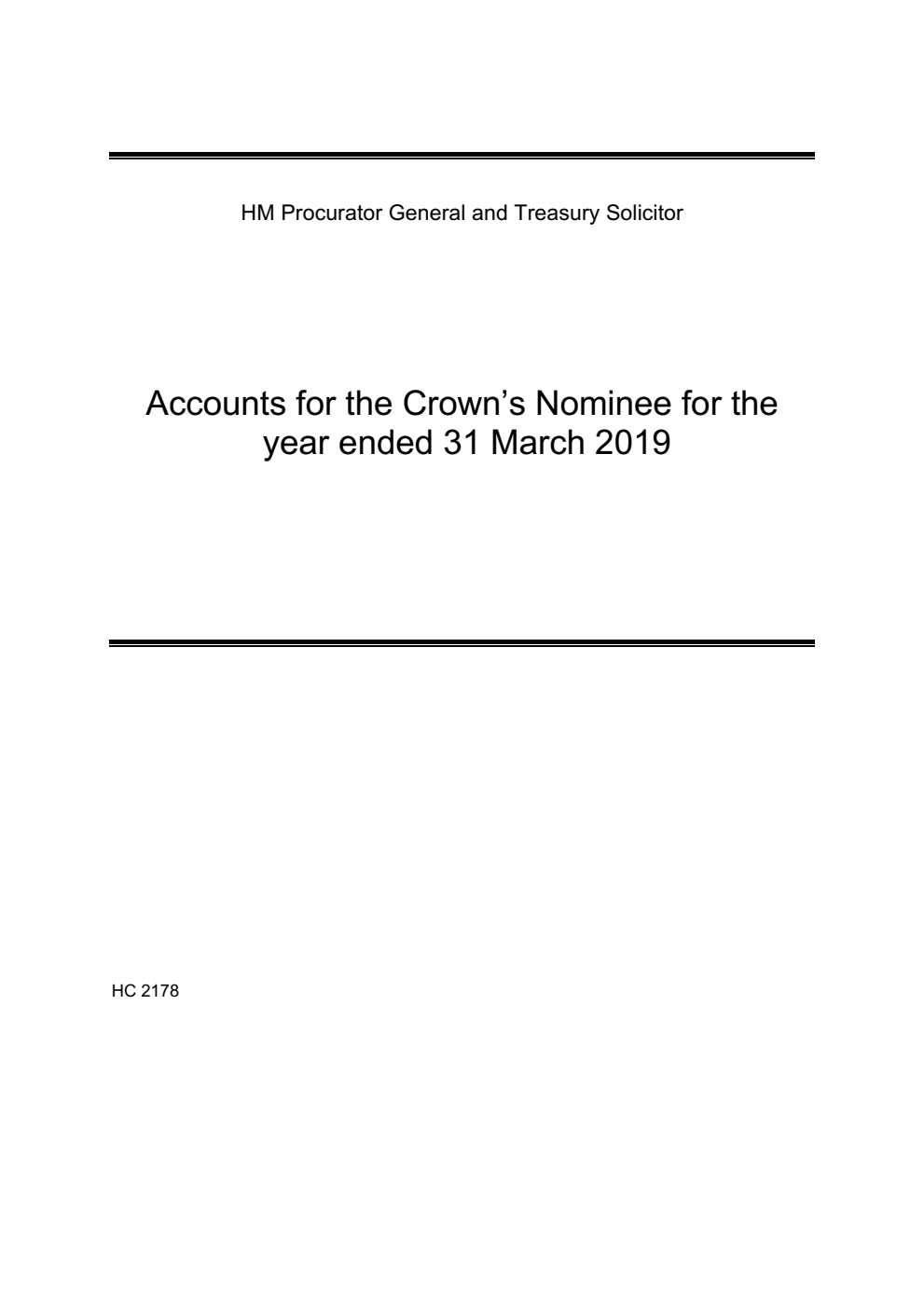 HM Procurator General and Treasury Solicitor Accounts for the Crown's Nominee for the year ended 31 March 2019