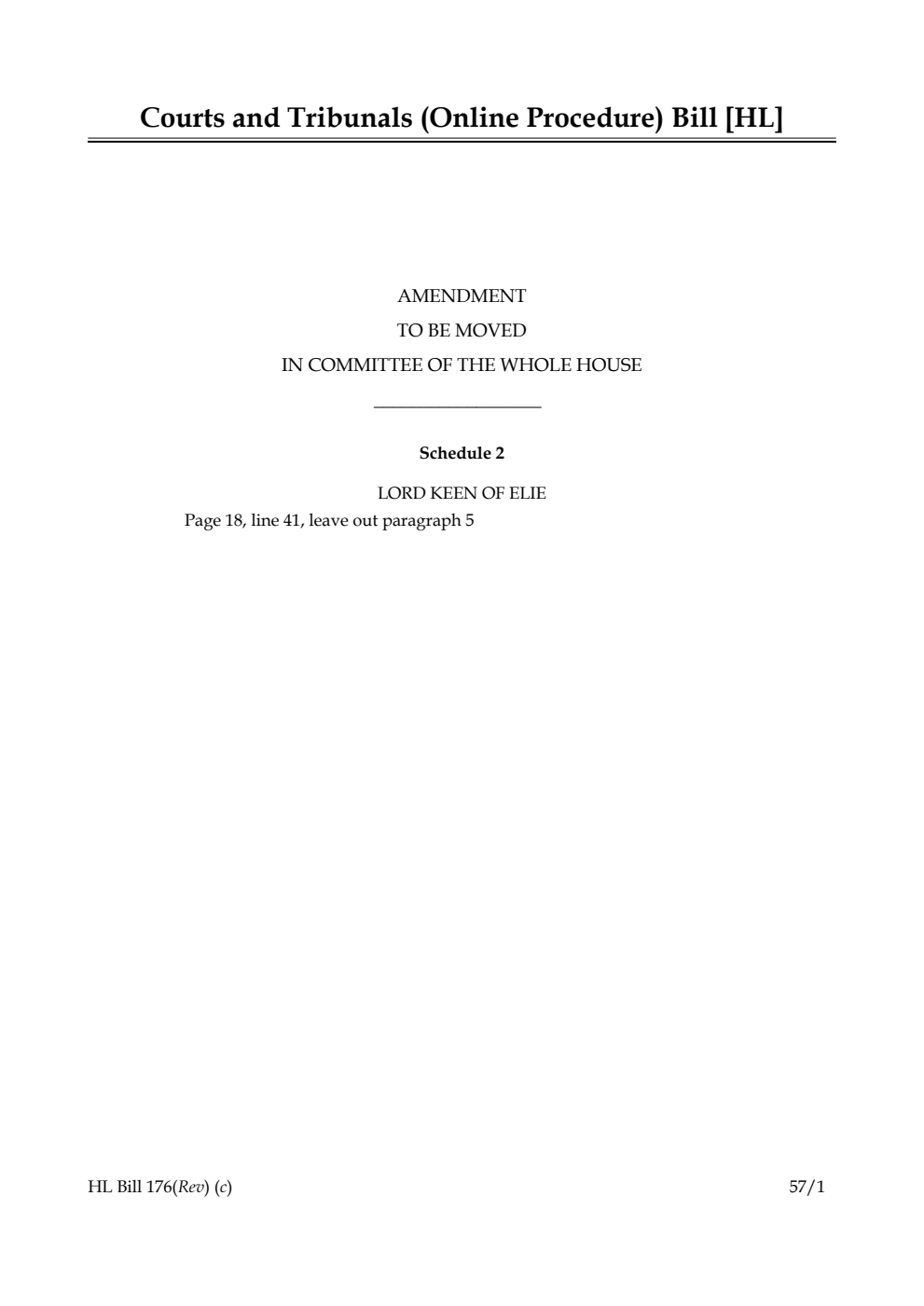 Courts and Tribunals (Online Procedure) Bill Amendment to be moved in Committee of the Whole House