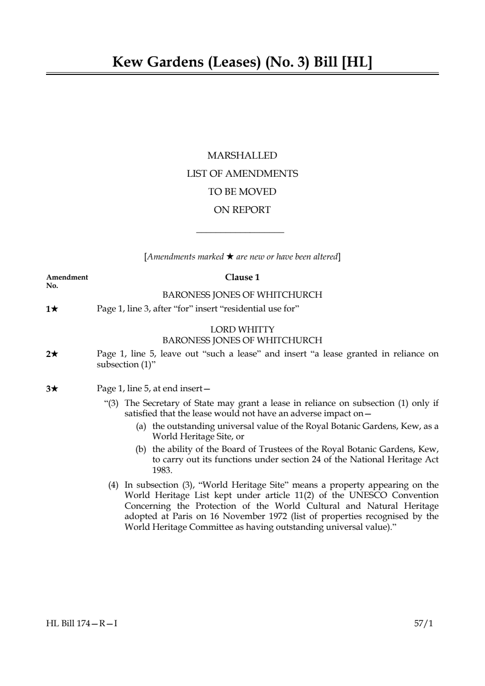 Kew Gardens (Leases) (No. 3) Bill Marshalled List of amendments to be moved on report