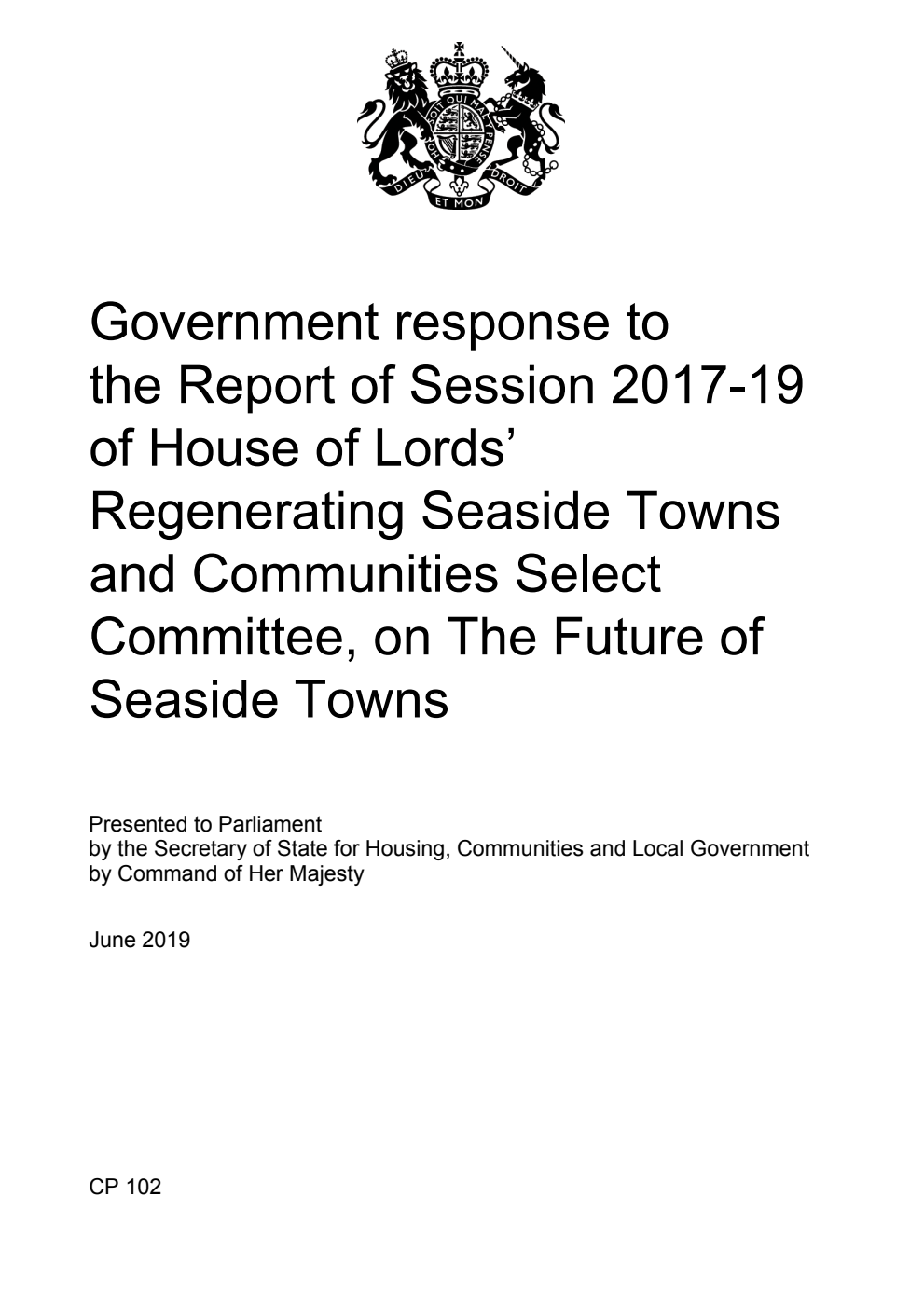 Government response to the Report of Session 2017-19 of House of Lords’ Regenerating Seaside Towns and Communities Select Committee, on The Future of Seaside Towns