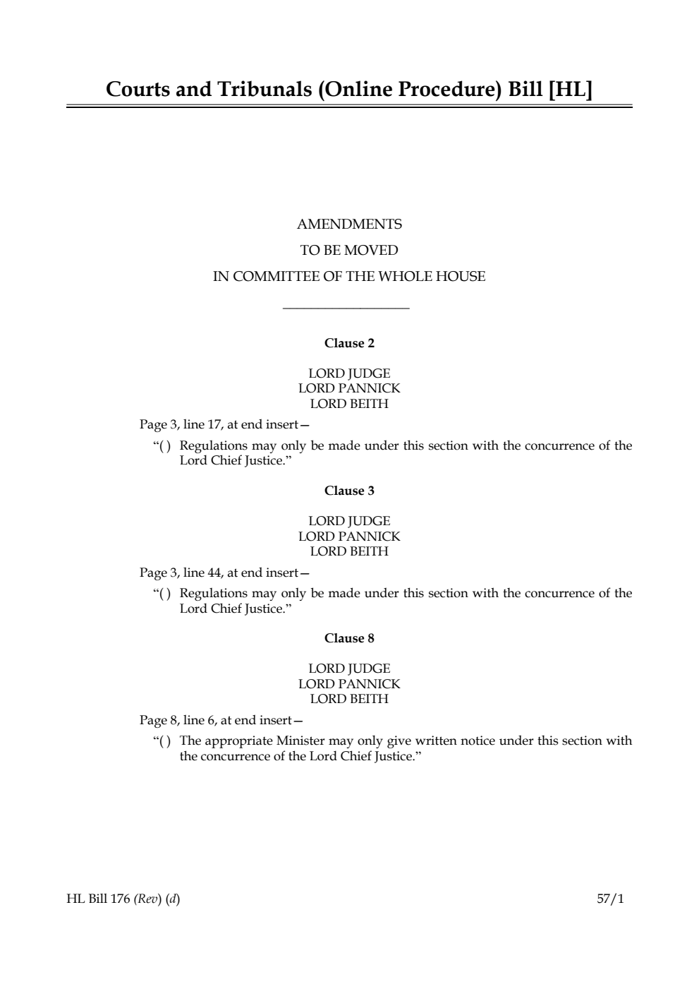 Courts and Tribunals (Online Procedure) Bill Amendments to be moved in Committee of the Whole House