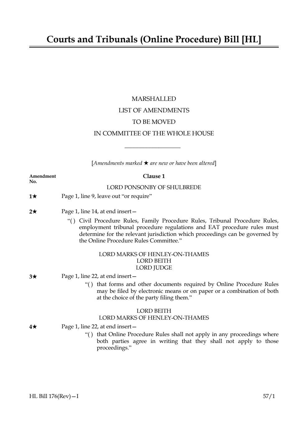 Courts and Tribunals (Online Procedure) Bill Marshalled List of Amendments to be moved in Committee of the Whole House