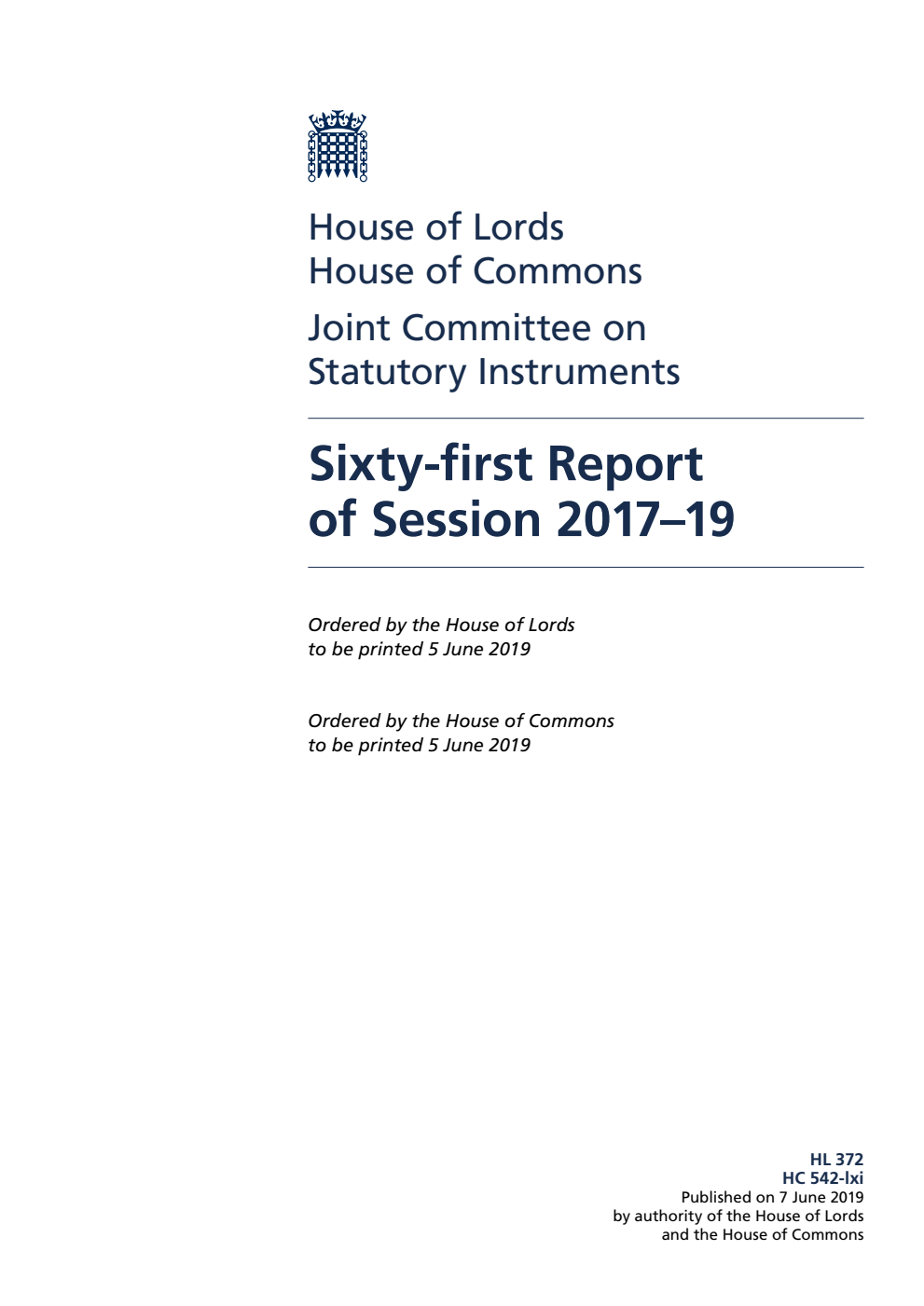 Joint Committee on Statutory Instruments 61st Report of Session 2017–19