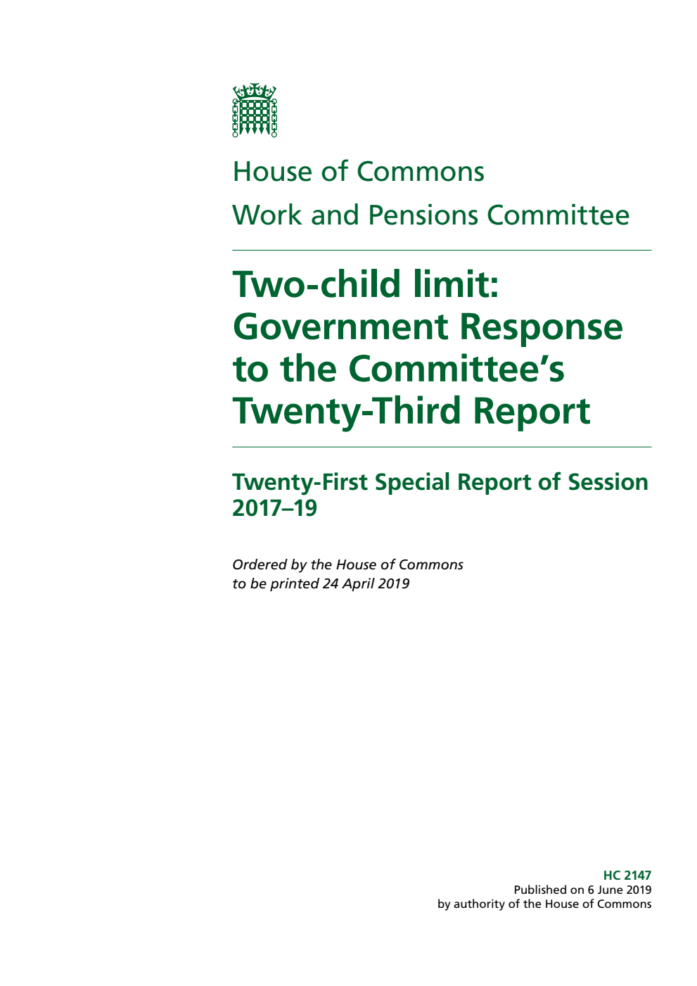 Work and Pensions Committee 21st Special Report. Two-child limit: Government Response to the Committee’s Twenty-Third Report