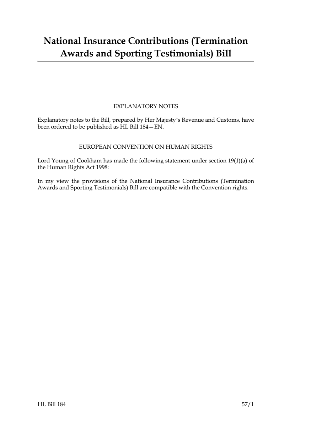 National Insurance Contributions (Termination Awards and Sporting Testimonials) Bill