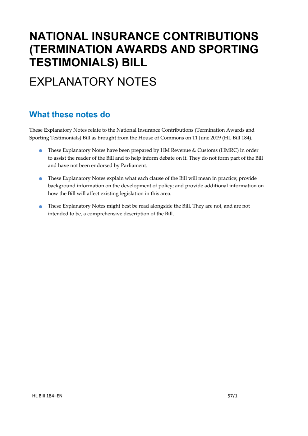 National Insurance Contributions (Termination Awards and Sporting Testimonials) Bill Explanatory Notes