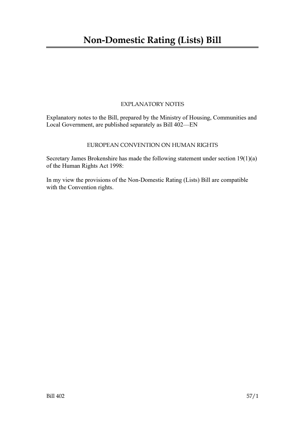 Non-Domestic Rating (Lists) Bill