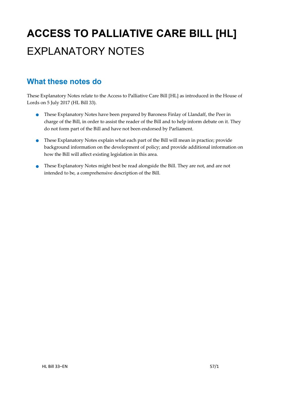 Access to Palliative Care Bill Explanatory Notes